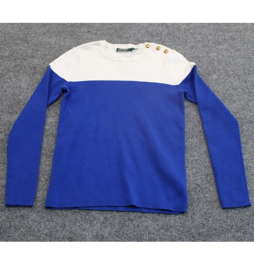 Lauren Ralph Lauren Colorblock Knit Sweater Crew Neck Long Sleeve Gold Button